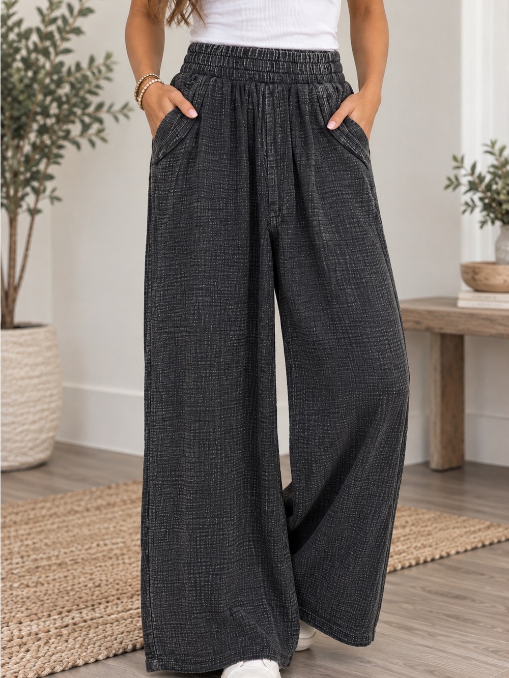 Zenana Outfitters Wide-Leg Smocked Waist Pants in Charcoal Black